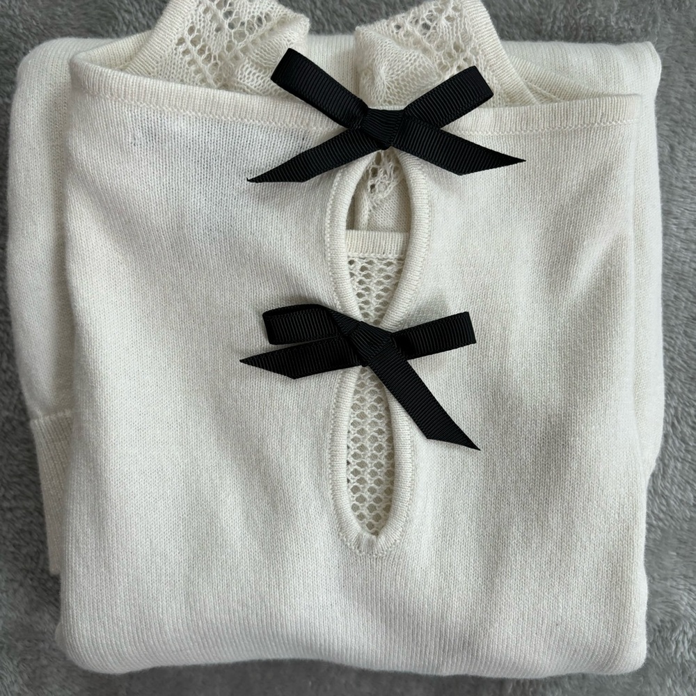 Mango Cream Crewneck Sweater with Black Bow Details